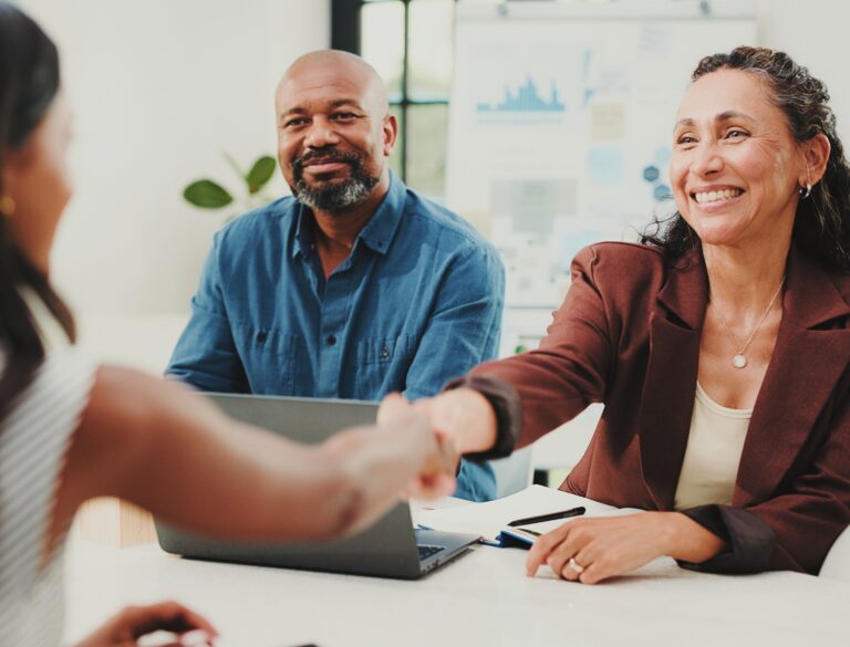 interview, introduction or people in office with handshake, congratulations or meeting in onboarding process. happy, success or hr with shaking hand, candidate or offer for career opportunity.